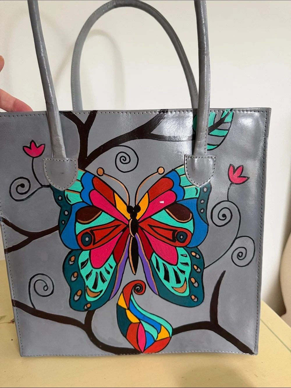 Gray Hand-Painted Butterfly leather Tote Bag new with tags